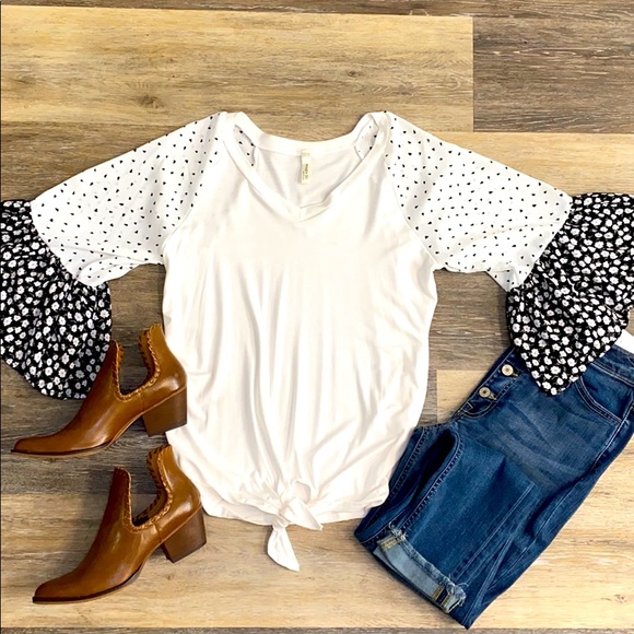 Mixed Print Tie Front Top white - Picture 1 of 1